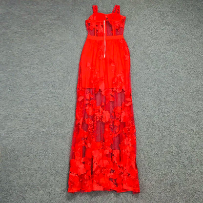 Red Color Celebrity Fashion Sleeveless Sexy Backless Lace Long Dress Christmas Party Dress