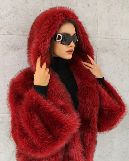 Red Fluffy Faux Fur Turn-Down Coat