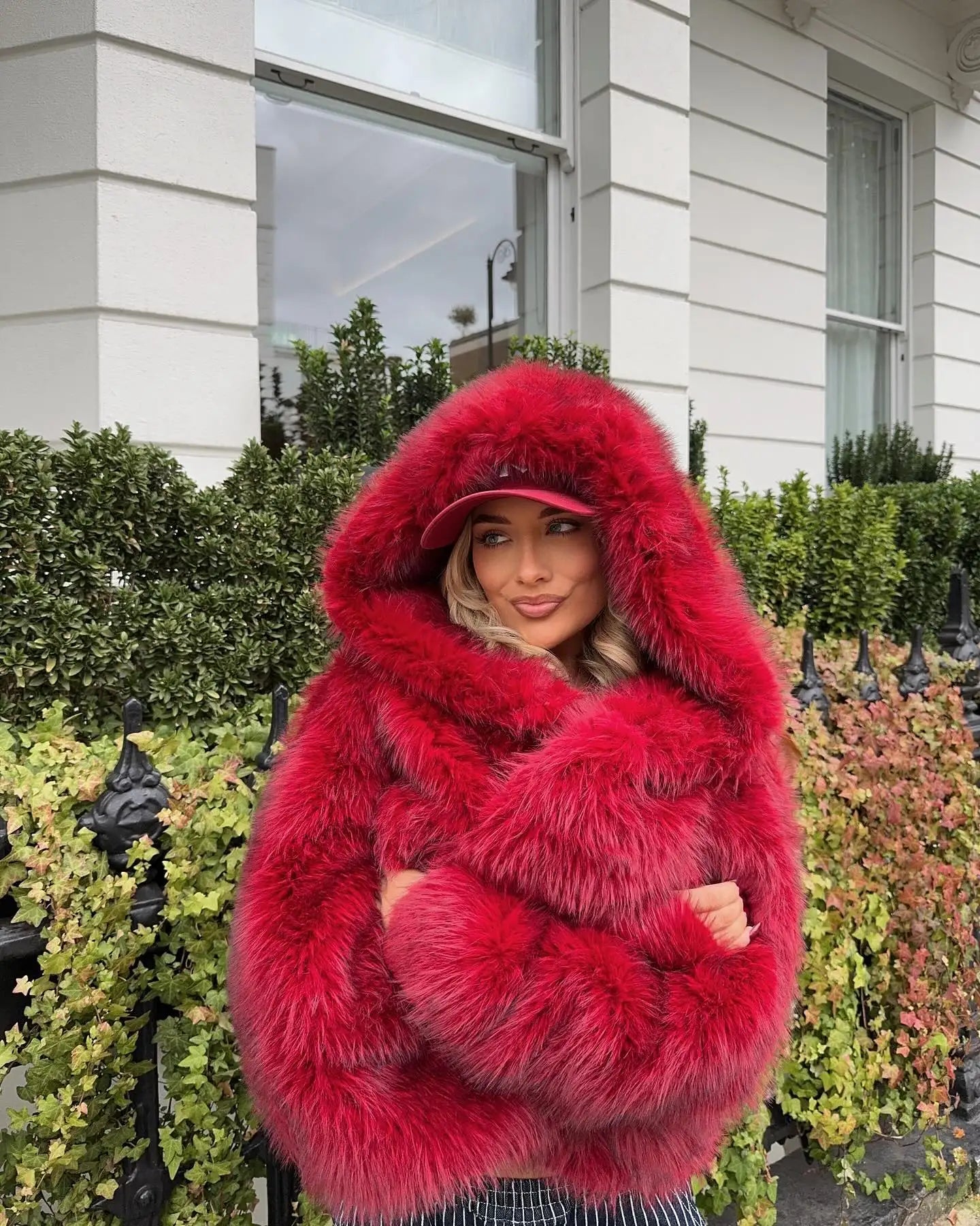 Red Fluffy Faux Fur Turn-Down Coat