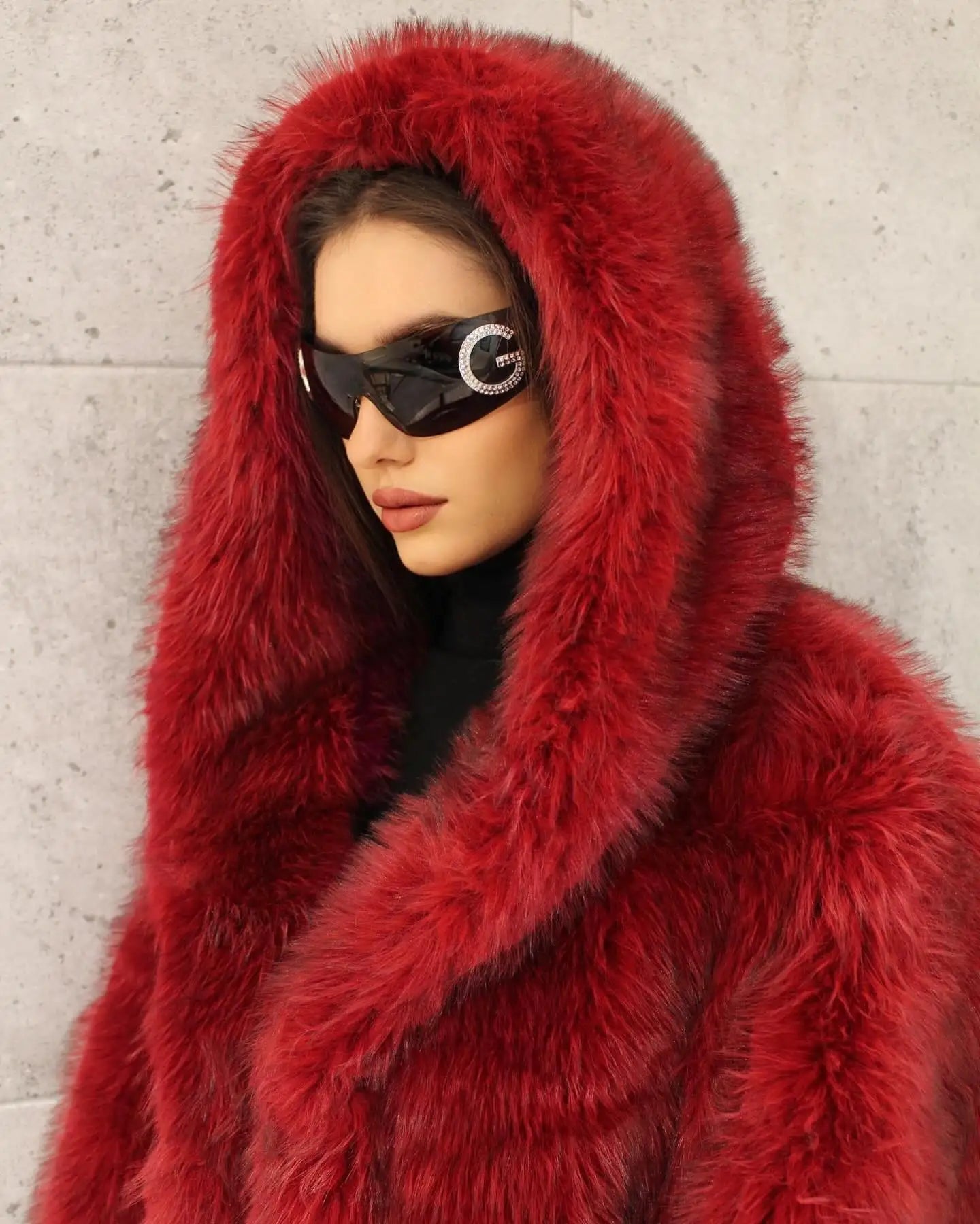 Red Fluffy Faux Fur Turn-Down Coat