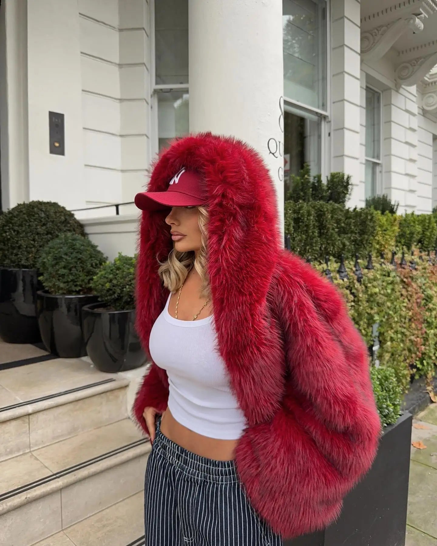 Red Fluffy Faux Fur Turn-Down Coat