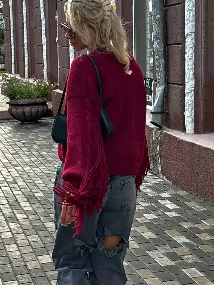 Red Tassels Patchwork V Neck Single-Breasted Loose Christmas Sweater