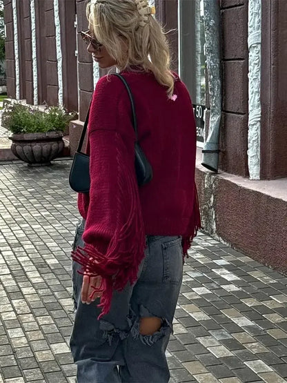 Red Tassels Patchwork V Neck Single-Breasted Loose Christmas Sweater