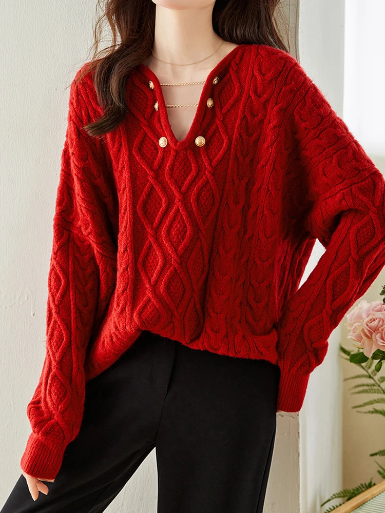 Gentle Temperament V-Neck Casual Autumn Winter Red Christmas Sweater