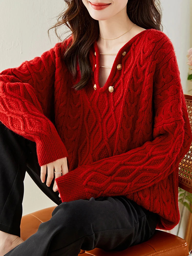 Gentle Temperament V-Neck Casual Autumn Winter Red Christmas Sweater