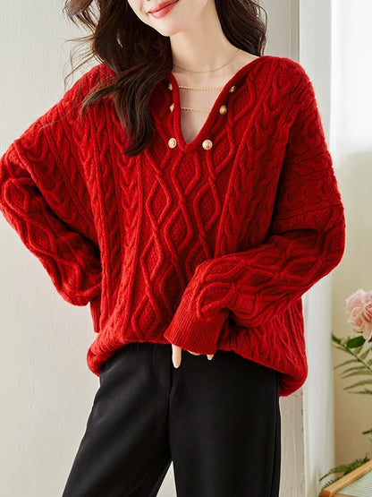 Gentle Temperament V-Neck Casual Autumn Winter Red Christmas Sweater