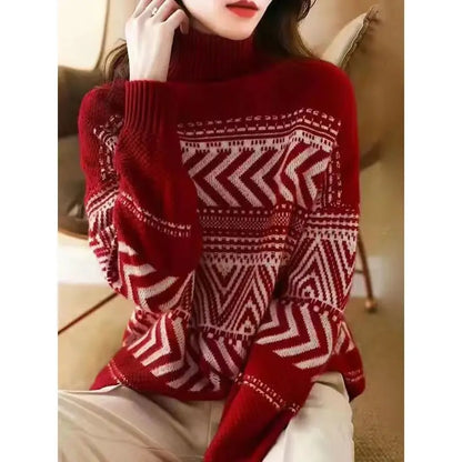 Loose Casual Versatile Fashionable High Neck Red Christmas Sweater