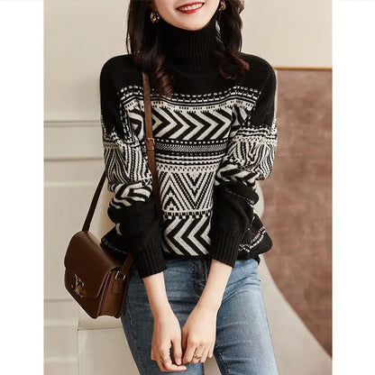 Loose Casual Versatile Fashionable High Neck Red Christmas Sweater