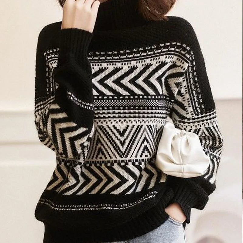 Loose Casual Versatile Fashionable High Neck Red Christmas Sweater