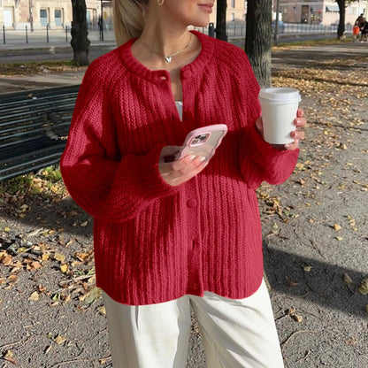 Warm Chunky Knit Long Sleeve Red Cardigan