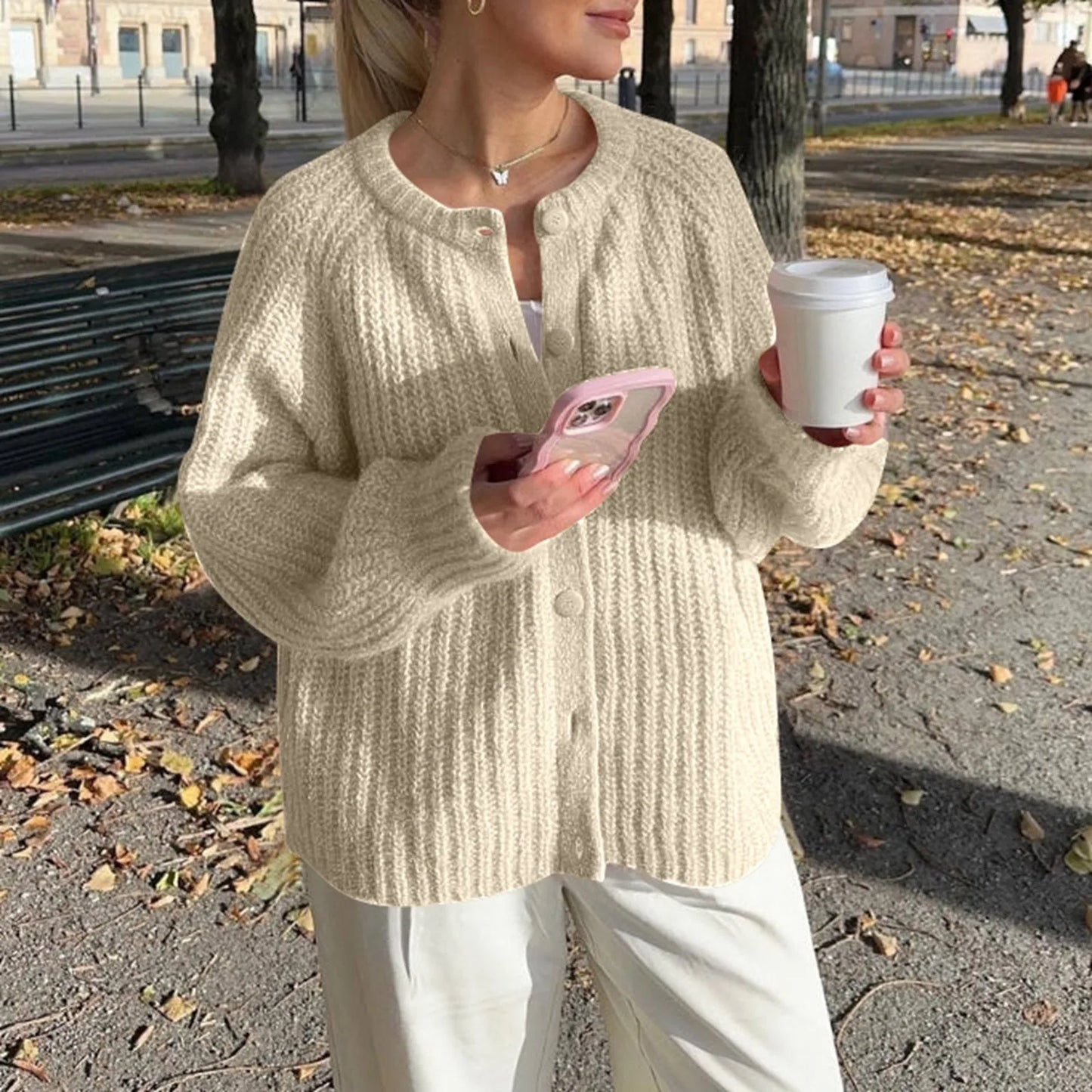 Warm Chunky Knit Long Sleeve Red Cardigan