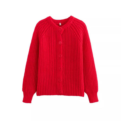 Short Cardigan with Round Neck Long Sleeve Fashionable Red Christmas Sweater