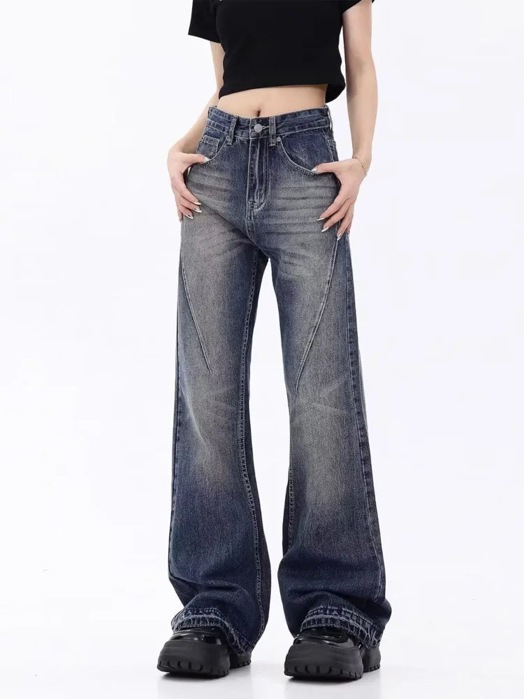 Retro Blue Slim Fit Micro Flare Spring And Autumn Loose Spliced Lines Drop Feel Trendy Jean