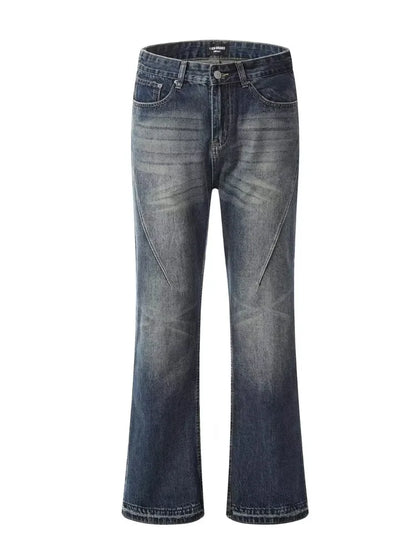 Retro Blue Slim Fit Micro Flare Spring And Autumn Loose Spliced Lines Drop Feel Trendy Jean