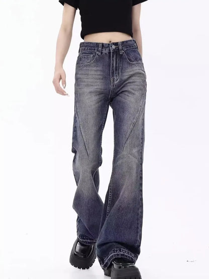 Retro Blue Slim Fit Micro Flare Spring And Autumn Loose Spliced Lines Drop Feel Trendy Jean