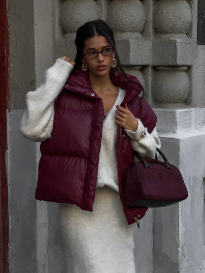 Burgundy Snap Buttons Stand Collar Vest Coat