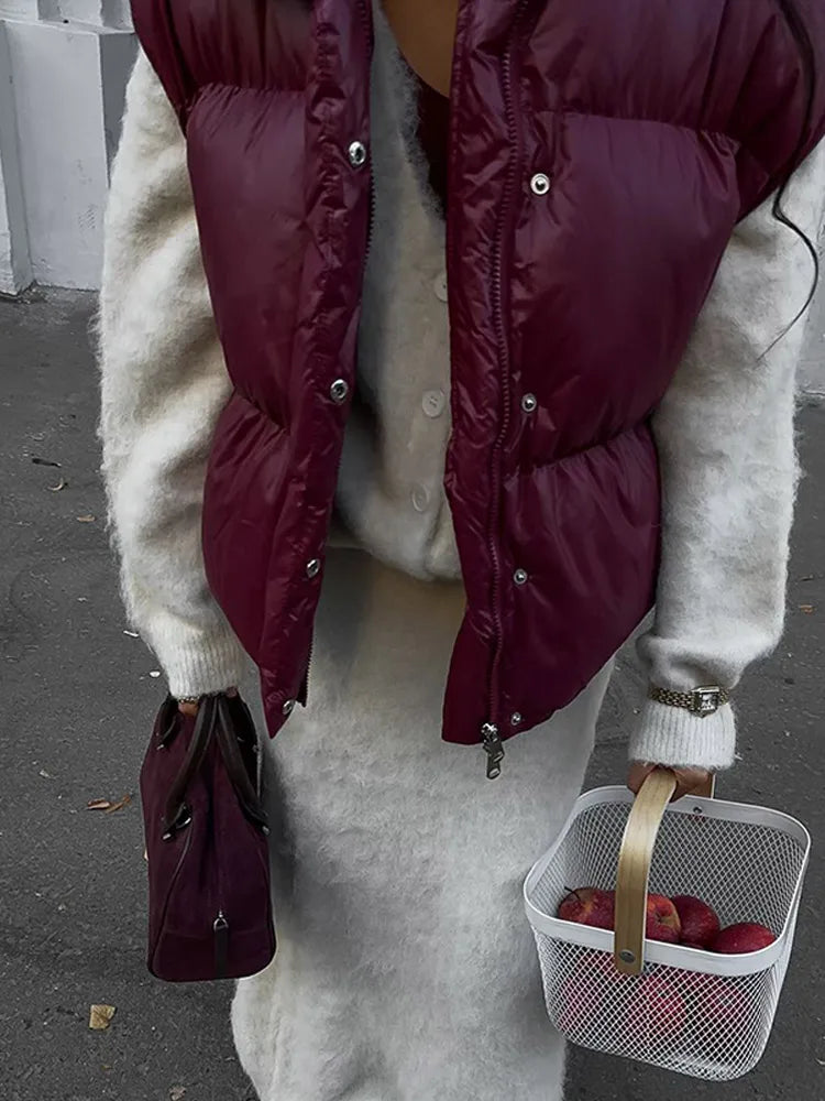 Burgundy Snap Buttons Stand Collar Vest Coat