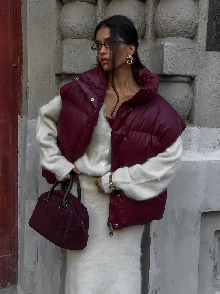 Burgundy Snap Buttons Stand Collar Vest Coat