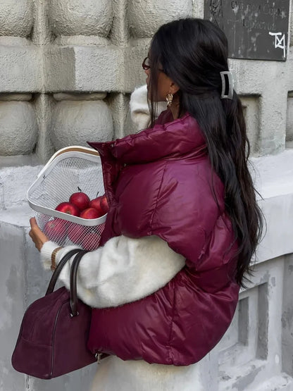 Burgundy Snap Buttons Stand Collar Vest Coat