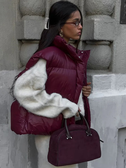 Burgundy Snap Buttons Stand Collar Vest Coat