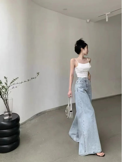 Slimming Vintage Flared Loose Fitting High-Waisted Denim Mop Floor Length Jean