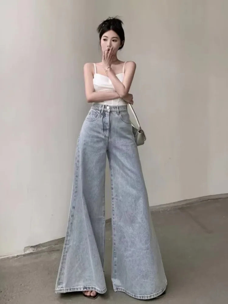 Slimming Vintage Flared Loose Fitting High-Waisted Denim Mop Floor Length Jean