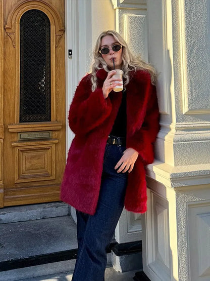 Retro Red Faux Fur Coat