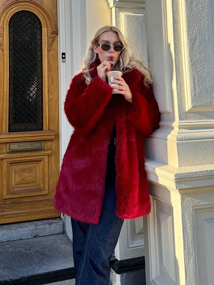 Retro Red Faux Fur Coat