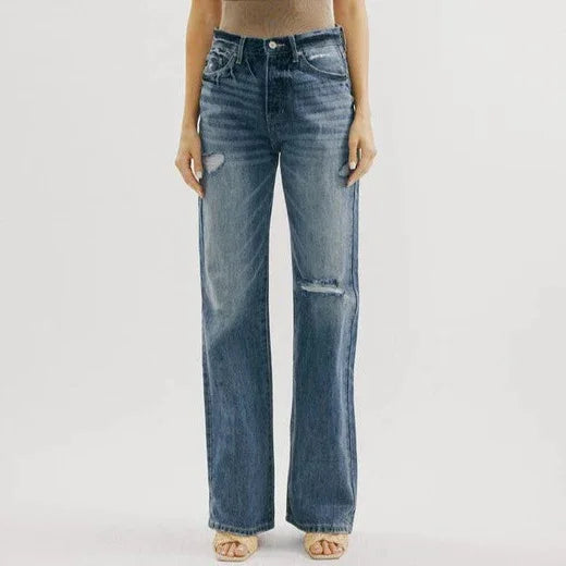 Ripped Washed High New Simple Street Loose Straight-leg Denim Jean