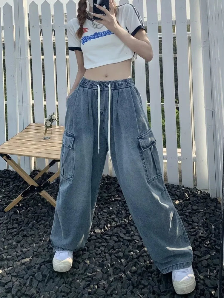 Retro Style Loose Multi Pocket Wide Leg Graffiti High Waist Straight Leg Women's Jean