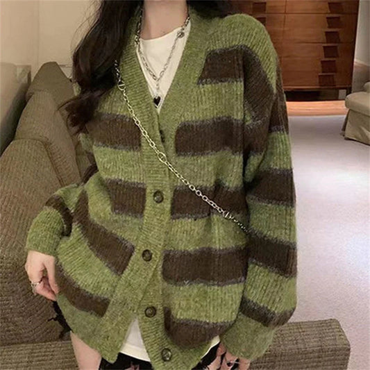 Retro Green Stripe V-Neck Single Breasted Cardigan