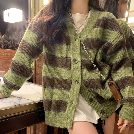 Retro Green Stripe V-Neck Single Breasted Cardigan