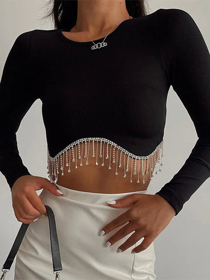 Rhinestone Tassel Crewneck Elegant Long Sleeve T-shirt Crop Top