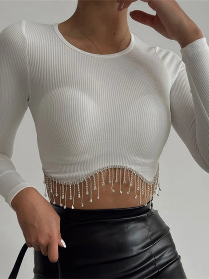 Rhinestone Tassel Crewneck Elegant Long Sleeve T-shirt Crop Top