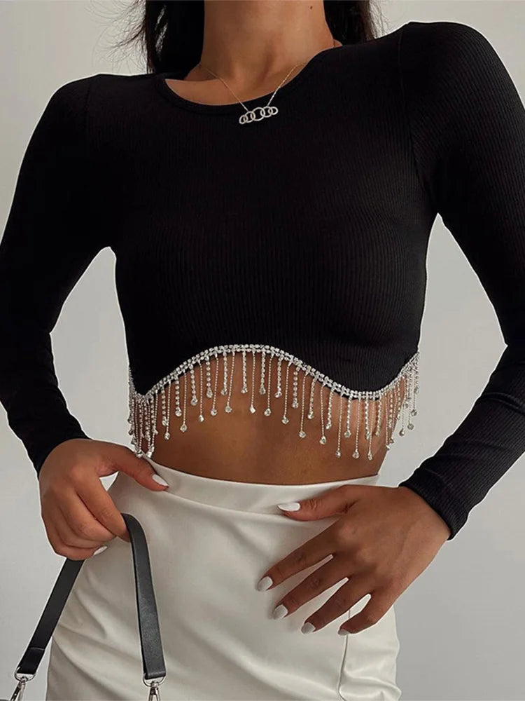 Rhinestone Tassel Crewneck Elegant Long Sleeve T-shirt Crop Top