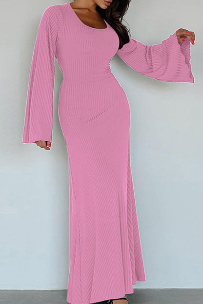 Ribbed Flares Sleeve Dress with Tie-back