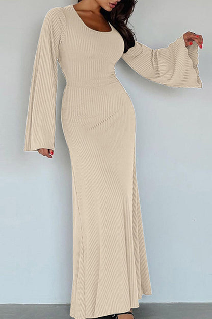 Ribbed Flares Sleeve Dress with Tie-back