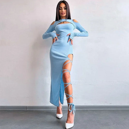 Ribbed Hollow Long Sleeve Off Shoulder Tie Up Party Clubwear Midi Dress