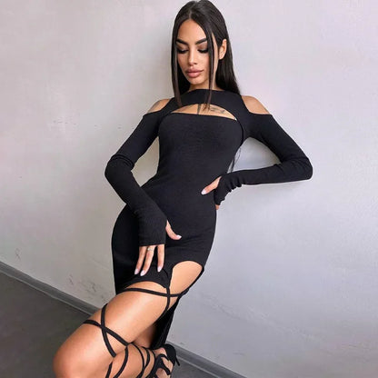 Ribbed Hollow Long Sleeve Off Shoulder Tie Up Party Clubwear Midi Dress