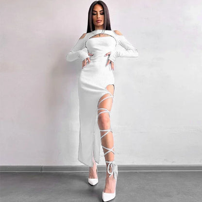 Ribbed Hollow Long Sleeve Off Shoulder Tie Up Party Clubwear Midi Dress