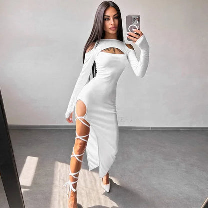 Ribbed Hollow Long Sleeve Off Shoulder Tie Up Party Clubwear Midi Dress