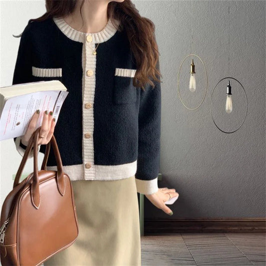 Patchwork Single Breasted Knit Long Sleeve Cardigan