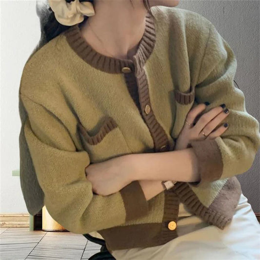 Patchwork Single Breasted Knit Long Sleeve Cardigan