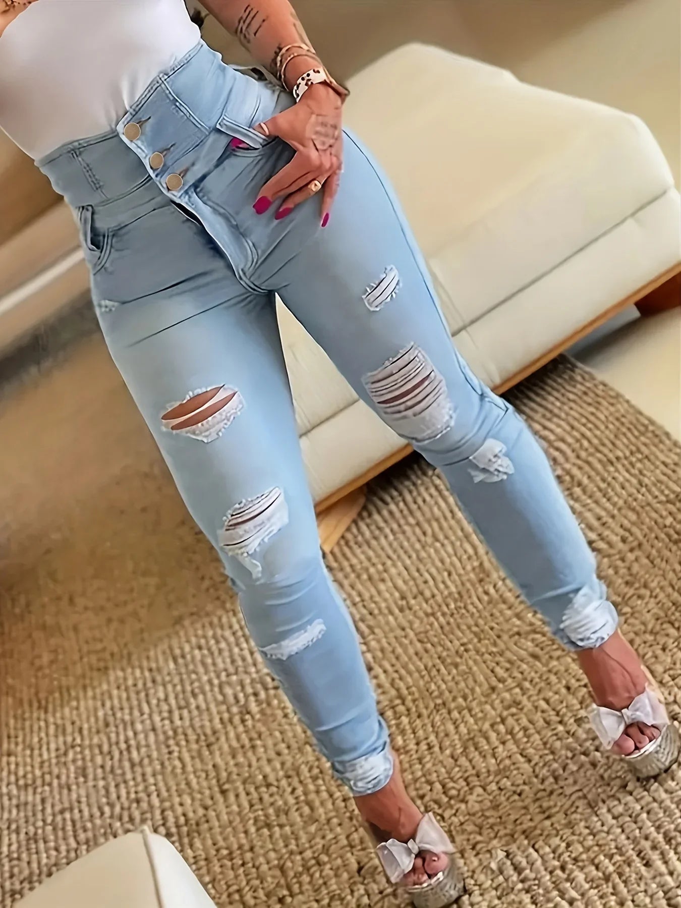 Ripped Holes Casual Skinny Autumn Slash Pockets Distressed Single-Breasted Button High Waist Denim Jean