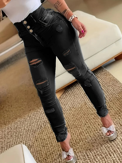 Ripped Holes Casual Skinny Slash Pockets Distressed Single-Breasted Button High Waist Denim Jean