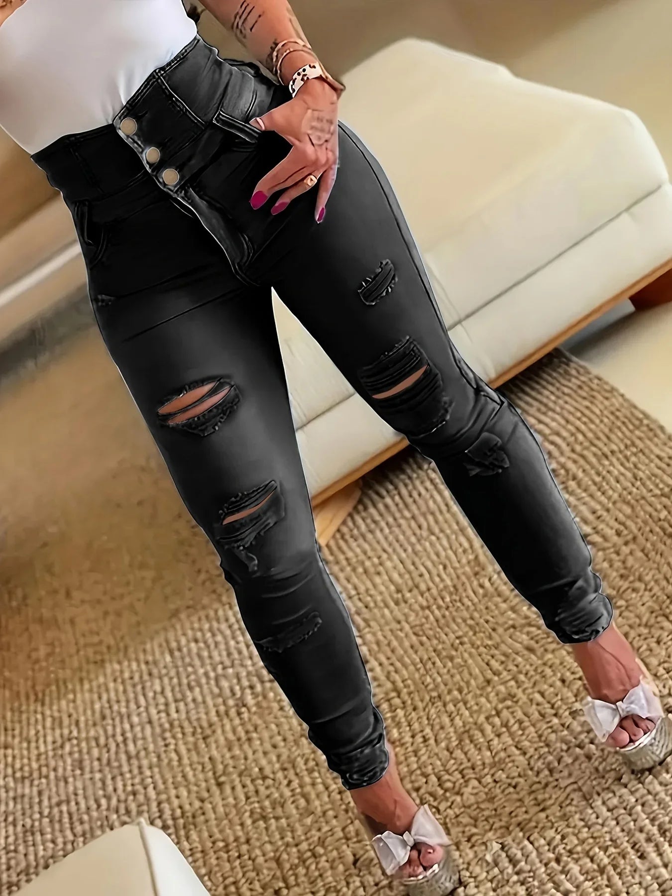 Ripped Holes Casual Skinny Slash Pockets Distressed Single-Breasted Button High Waist Denim Jean