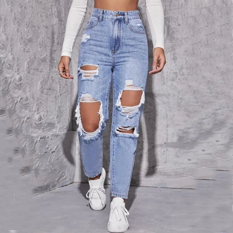 Ripped Straight Leg Women High Waist Loose Holes Casual High Streetwear Fashion Denim Jean