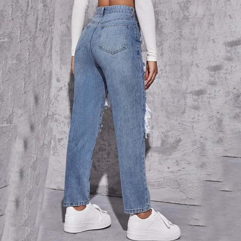 Ripped Straight Leg Women High Waist Loose Holes Casual High Streetwear Fashion Denim Jean