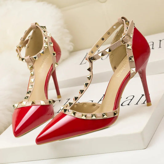 Rivet Pointed Toe High Heels Designer Sandals - Red Fine High Heel Sexy Sandals for Women