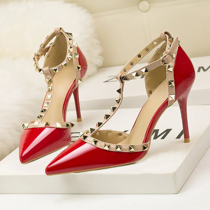 Rivet Pointed Toe High Heels Designer Sandals - Red Fine High Heel Sexy Sandals for Women